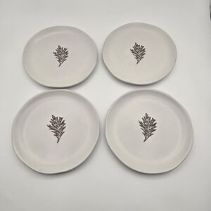 Bee & Willow Set Of 4 White Leaf Print Dessert Appetizer Salad Stoneware Plates